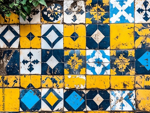 Vintage Yellow Blue Floral Pattern Tile Wall Mosaic