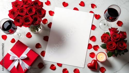Top view of a white marble table with vibrant red roses, candles, wine glasses with red wine and gift surrounding a blank sheet of paper. For restaurant menu mock up, invitation, Valentine's day