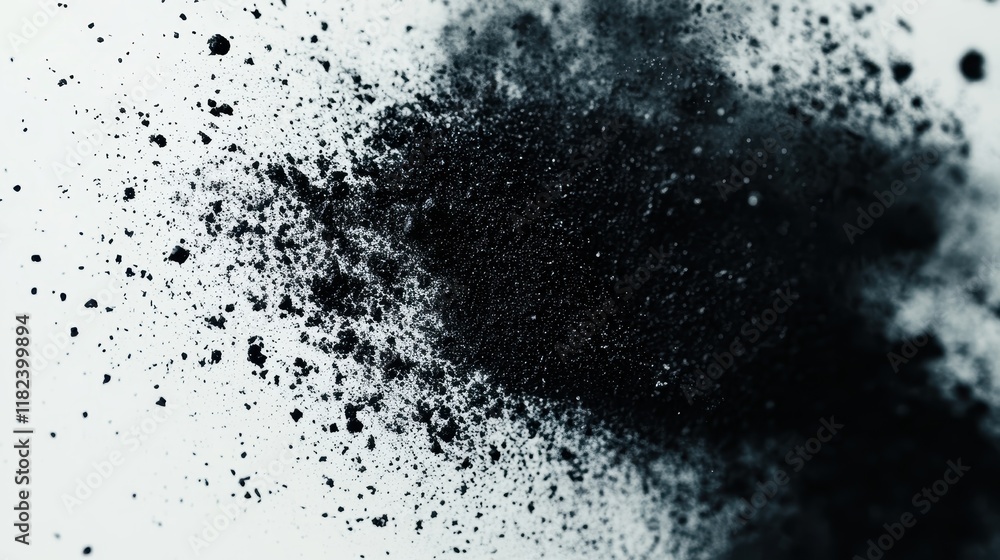 Fototapeta premium Dark powder explodes on a white background. Ideal for overlaying images, creating textures, or designing abstract backgrounds.