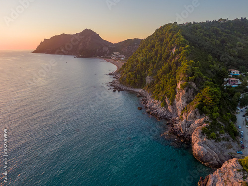 Aerial drone view over Pelekas Kontogialos beach at sunset. Corfu, Greece. photo