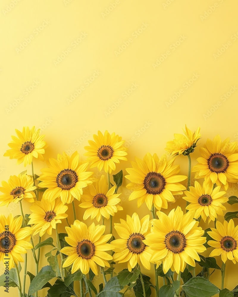 Fototapeta premium Bright and Cheerful Sunflowers Against a Vivid Yellow Background for Freshness, Summer Vibes, and Nature Inspired Decor
