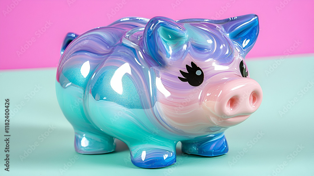 A whimsical, colorful ceramic piggy bank with a glossy finish, featuring pastel blue and pink swirls, set against a vibrant background. A whimsical, colorful ceramic piggy bank with a glossy finish, featuring pastel blue and pink swirls, set against a vibrant background.