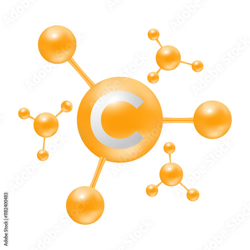 Vitamin C Atoms molecules orange glossy. Icon 3D isolated on white background. Minerals vitamins complex. Medical and science concept. Vector EPS10 illustration