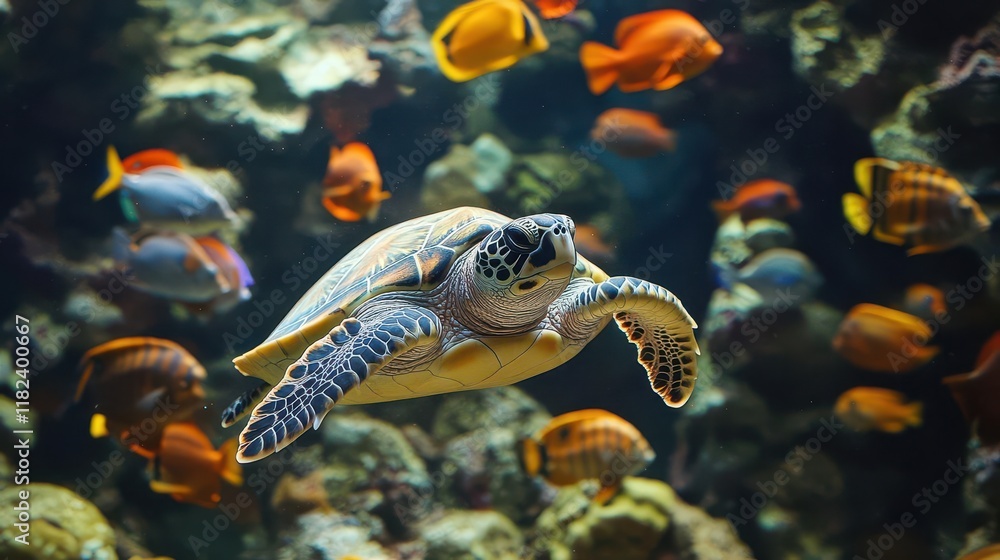 Fototapeta premium curious turtle swimming alongside a vibrant school of colorful fish, surrounded by a coral reef teeming with life, creating a lively underwater scene bursting with color and energy