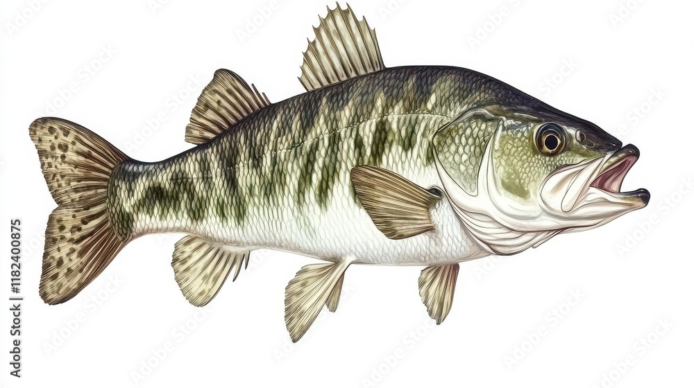 Obraz premium detailed illustration of largemouth bass fish with realistic scales and fins showing natural coloring and texture isolated on pure white background