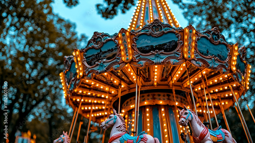 Naklejka premium A vibrant carousel adorned with bright lights, featuring beautifully crafted horses, set against a backdrop of trees, evoking a sense of nostalgia and joy.