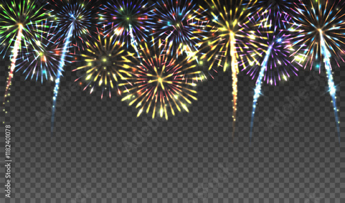 Fireworks in the sky on transparent background, Christmas background for holiday design, vector illustration
