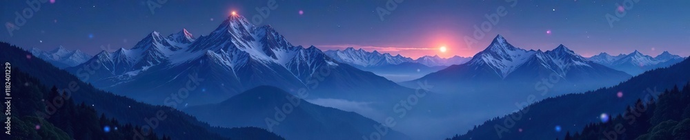 Mountain landscape with twinkling lights and misty atmosphere, peaceful, night, peaks Mountain landscape with twinkling lights and misty atmosphere, peaceful, night, peaks