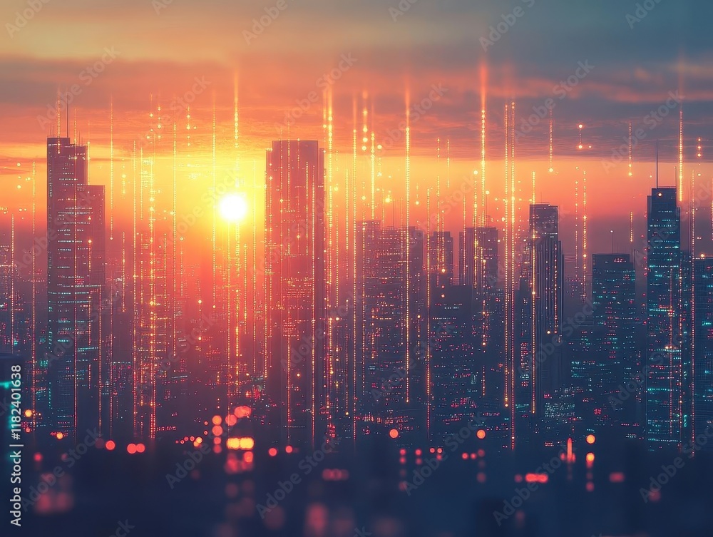 Fototapeta premium beautiful sunset at modern city skyline with glowing digital network connections, technology concept showing urban development and smart city infrastructure