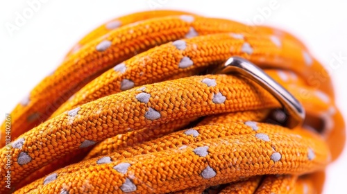 Close-up of orange climbing rope with gray flecks and metal carabiner. Ideal for safety and rescue applications. photo