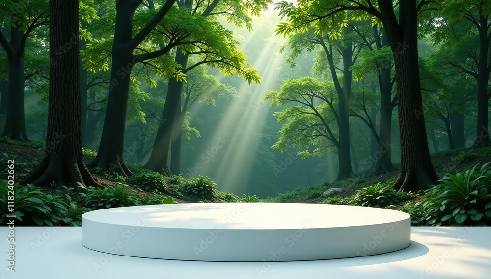 Round empty white podium against the backdrop of a dense forest, atmospheric, round Round empty white podium against the backdrop of a dense forest, atmospheric, round