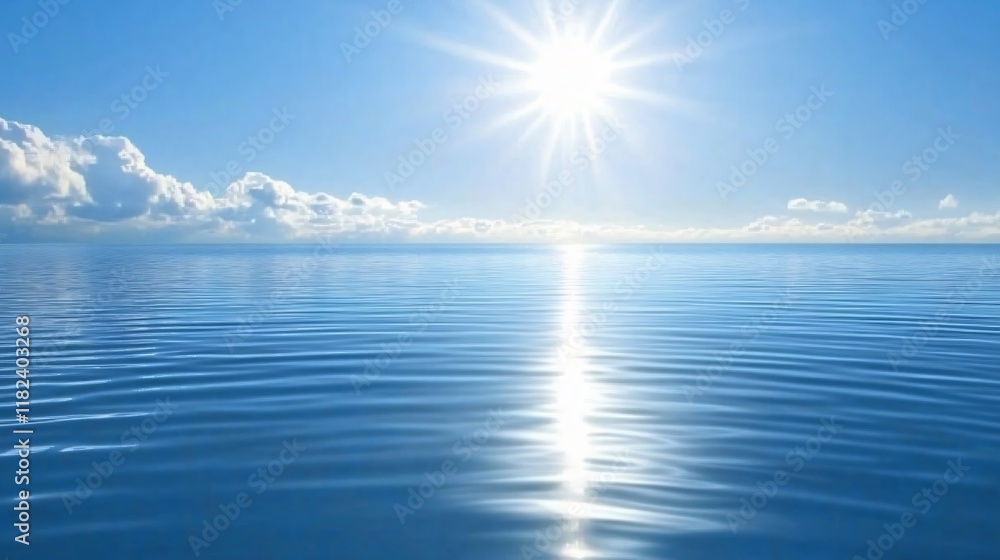 Fototapeta premium Serene Ocean Scene- Calm Waters, Bright Sun, Blue Sky