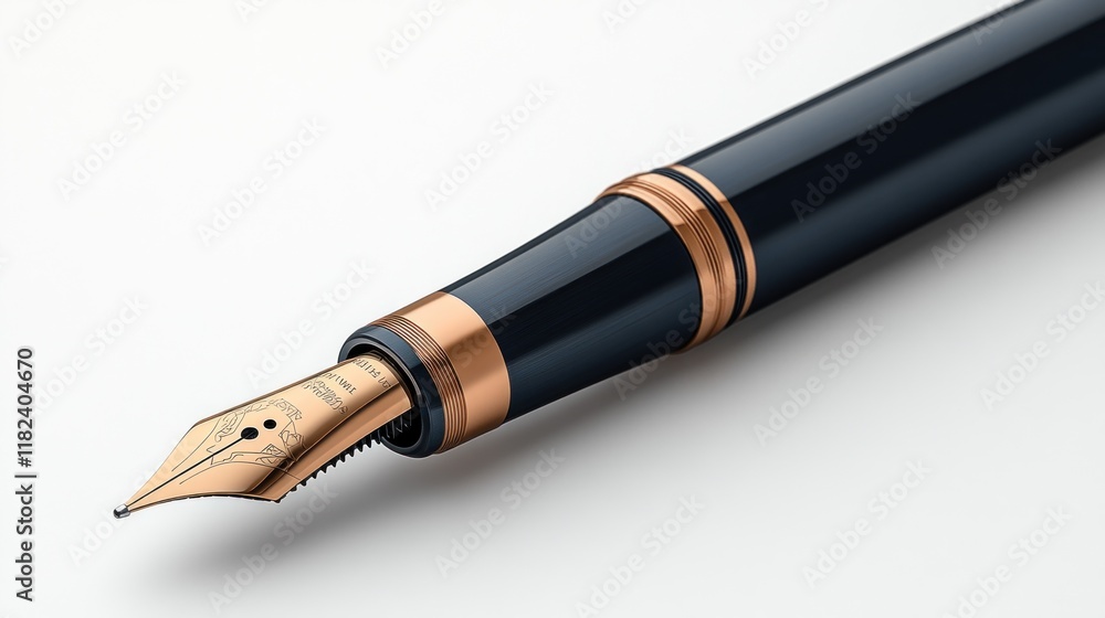 A close-up of a luxurious fountain pen, showcasing its intricate nib and elegant design. A close-up of a luxurious fountain pen, showcasing its intricate nib and elegant design.