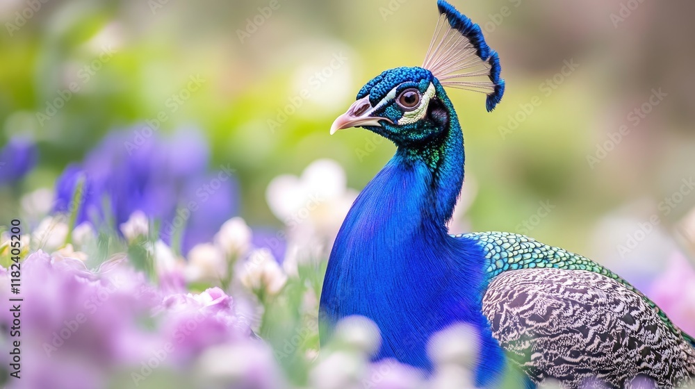 Obraz premium A vibrant peacock amidst colorful flowers in a natural setting.