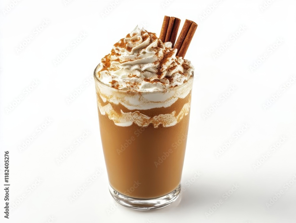 cozy autumn pumpkin spice latte with fresh whipped cream, cinnamon sticks, and decorative mini pumpkin on pristine white background