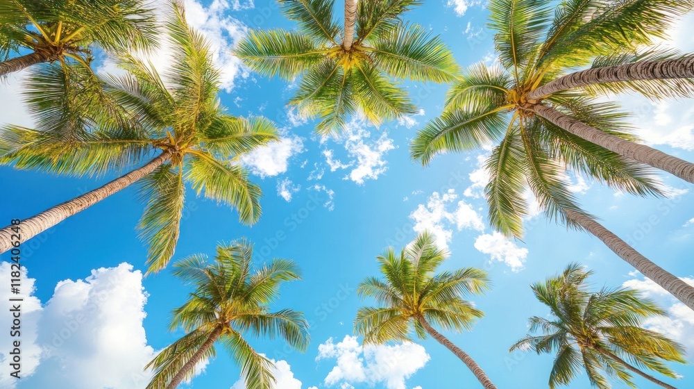 Fototapeta premium Low angle view of palm trees against a vibrant blue sky.