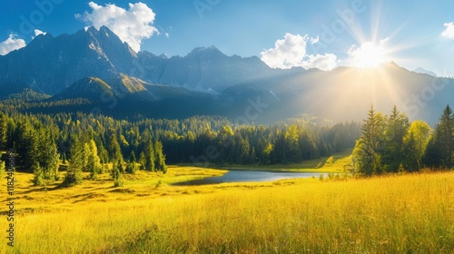 idyllic high mountain meadows surrounded by majestic peaks and serene lakes, bathed in golden sunlight, creating a peaceful and breathtaking natural landscape
