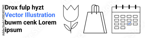 Black and white minimalist icons include tulip, shopping bag, and calendar next to placeholder text featuring a blue Vector Illustration. Ideal for presentations, themes ecommerce, gardening