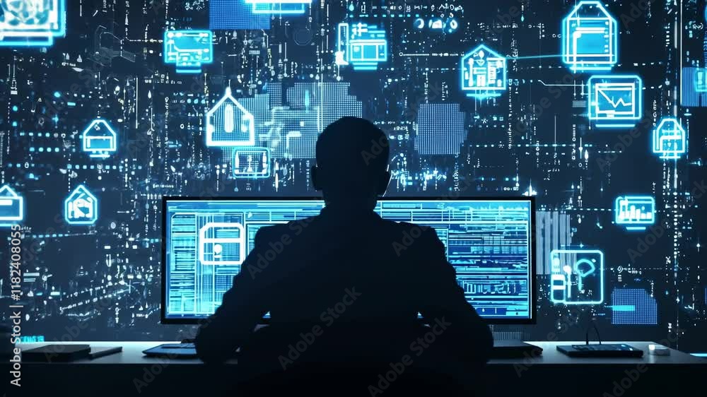 The Digital Architect: A Silhouette of a person working on a computer with a large digital interface filled with icons and data. The Digital Architect: A Silhouette of a person working on a computer with a large digital interface filled with icons and data.