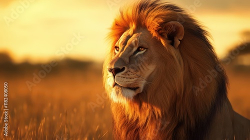 majestic african lion portrait with flowing golden mane illuminated by dramatic savanna sunset light in natural habitat setting