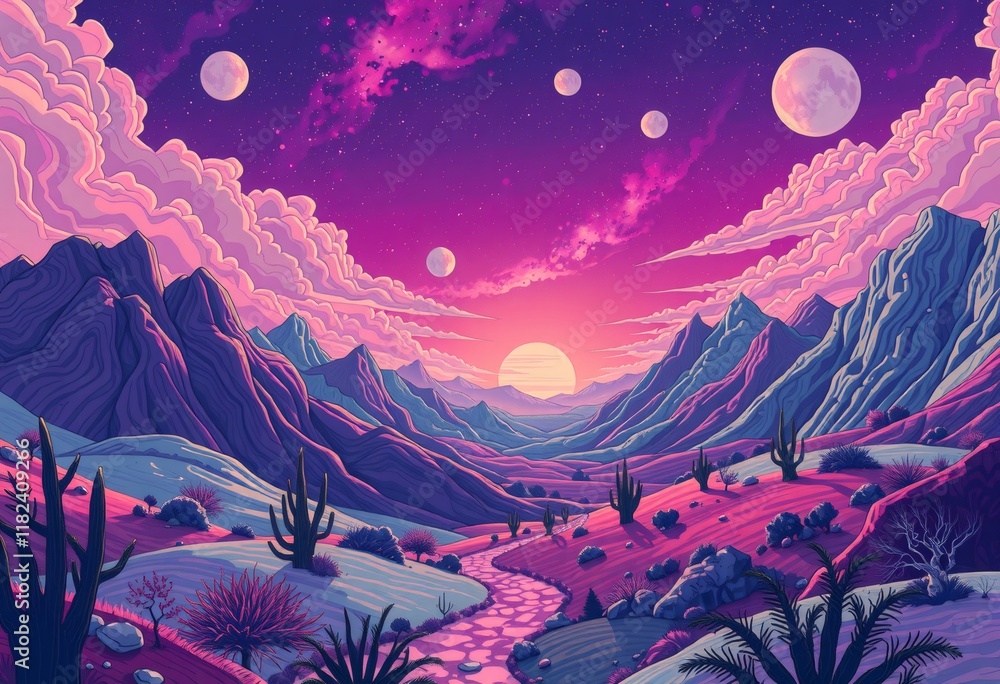 A surreal, dreamlike landscape with pink clouds, a setting sun, and a path leading through the mountains. A surreal, dreamlike landscape with pink clouds, a setting sun, and a path leading through the mountains.