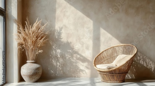 minimalist boho-style interior with textured beige wall, natural rattan armchair and ceramic vase in sunlit room