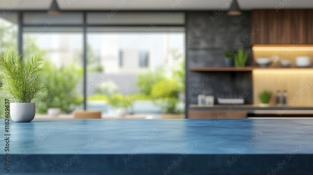 Fototapeta premium modern kitchen interior with empty blue countertop surface for product display against stylishly blurred contemporary home background design