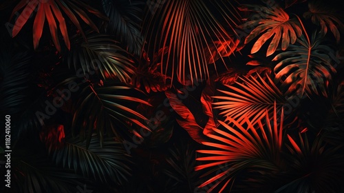 Dark Tropical Leaves Background Red Palm Leaves Lush Foliage