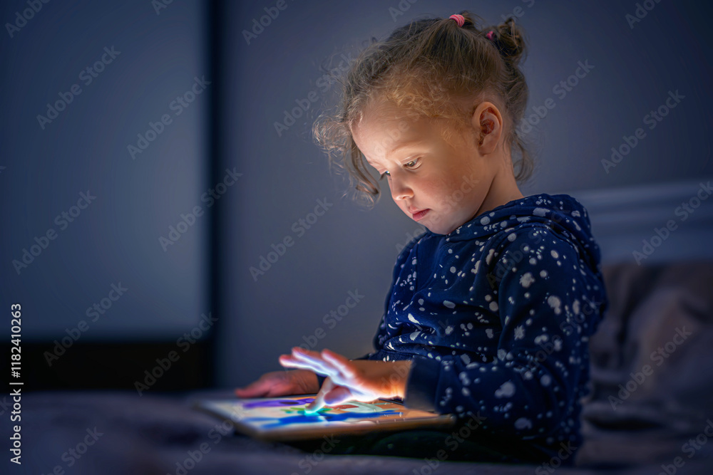 Child playing on a tablet while sitting on a bed in the evening.