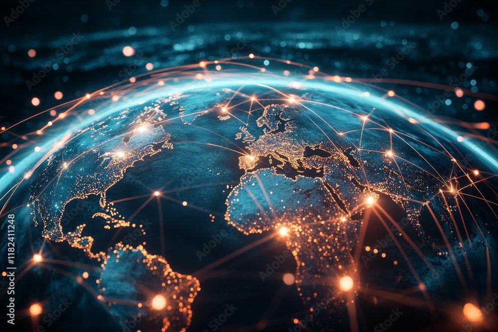 Fototapeta premium Global network, illuminated planet, interconnected lights.
