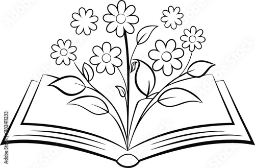 Line Art Book with Flowers and Leaves Emerging from Open Pages book with flower