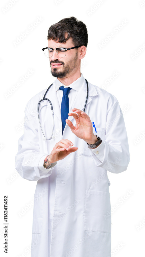 Young doctor man wearing hospital coat over isolated background disgusted expression, displeased and fearful doing disgust face because aversion reaction. With hands raised. Annoying concept. Young doctor man wearing hospital coat over isolated background disgusted expression, displeased and fearful doing disgust face because aversion reaction. With hands raised. Annoying concept.