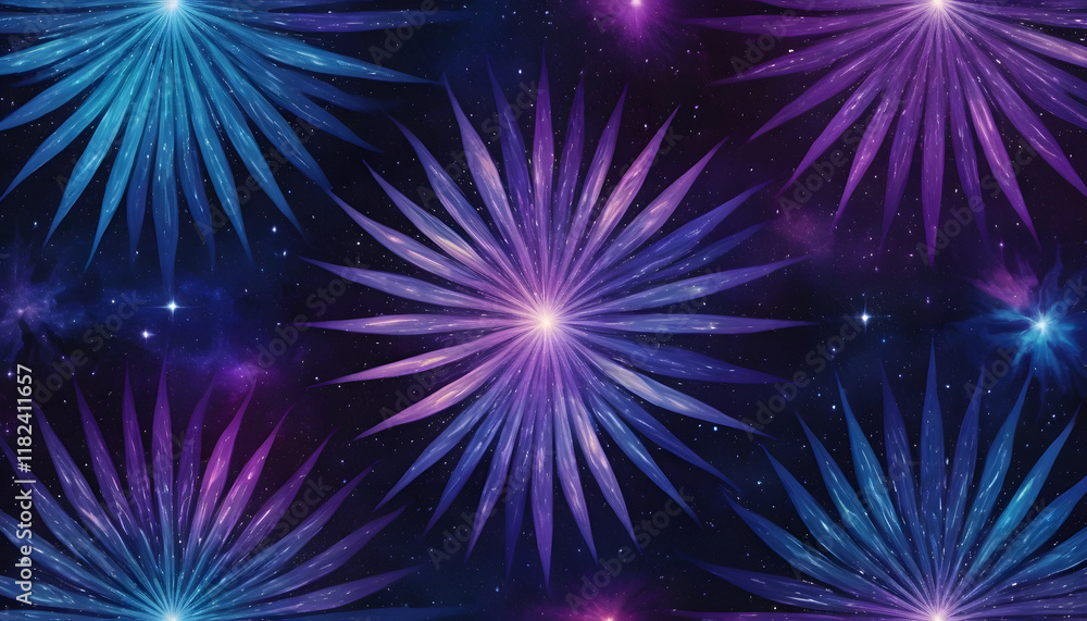 Fototapeta premium Abstract cosmic floral pattern with vibrant purple and blue flowers against a starry night sky background.