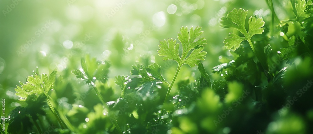 Cilantro plants in sunlight, garden background. Food, recipe website use Cilantro plants in sunlight, garden background. Food, recipe website use