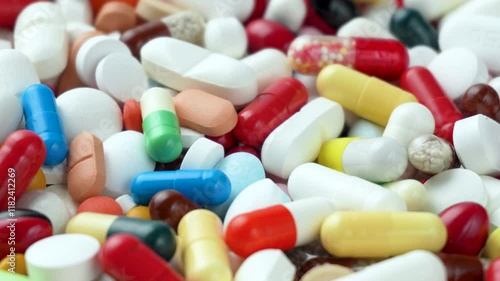 Close up footage of huge rotating pile of colorful pills, tablets and capsules. Slow motion. Health care and treatment concept. 