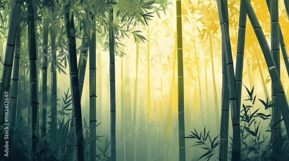 Serene bamboo forest illustration tranquil nature scene digital art layered depth minimalist design