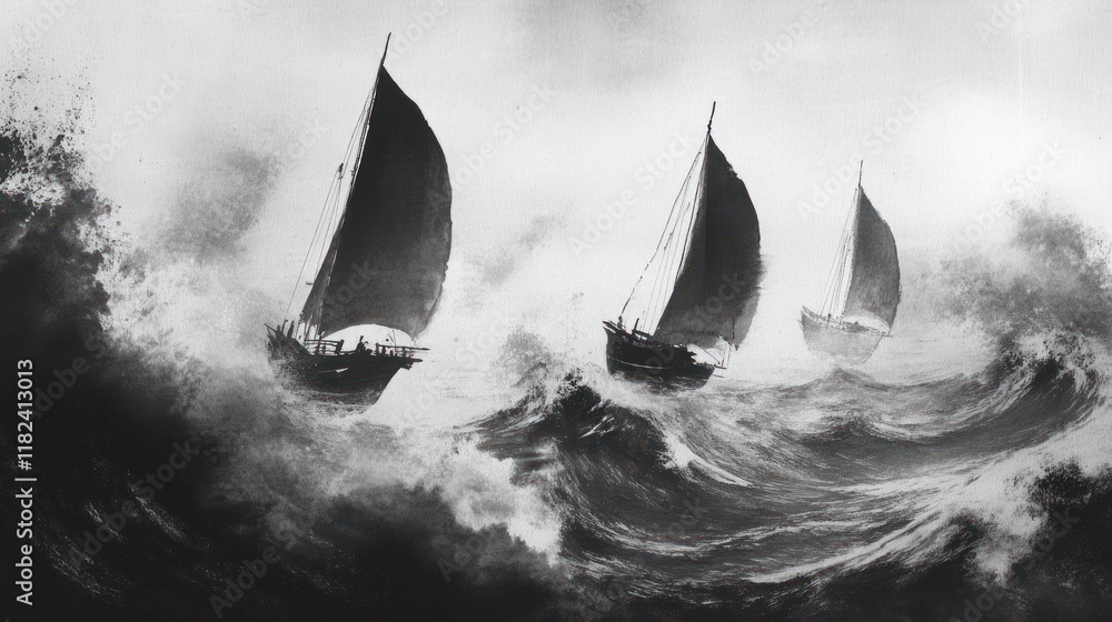 Fototapeta premium Three sailing ships navigate rough seas in a dramatic monochrome image.