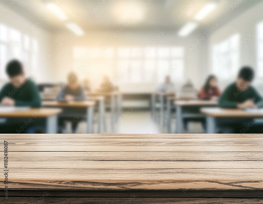 Panoramic empty clean wood counter table top on blur student study in classroom white light background for product education learning hall centre, Abstract Blurry wooden desk scene display or montage. Panoramic empty clean wood counter table top on blur student study in classroom white light background for product education learning hall centre, Abstract Blurry wooden desk scene display or montage.