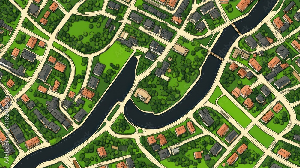 Obraz premium Aerial view of a city with a river.