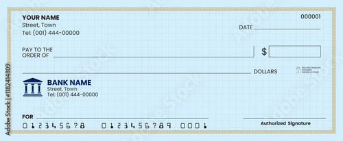 
Blank check template, bank cheque vector, customizable design, printable layout, financial document illustration.