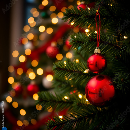 Chirstmas tree and lights and background. gold Red bobble decoration photo