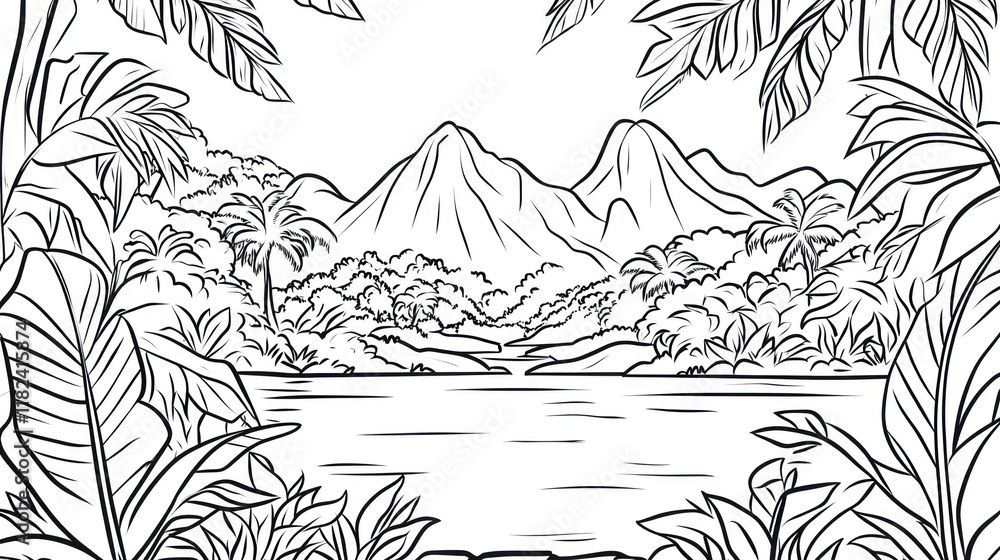 Tropical river valley volcano line art coloring page Tropical river valley volcano line art coloring page