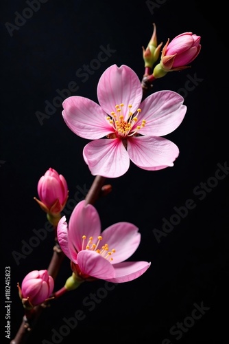 A delicate cherry blossom on a black background, flowers, floral, black