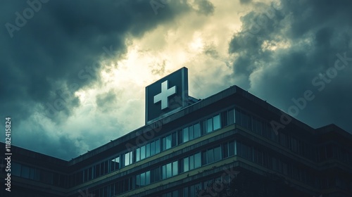 Stormy clouds loom over a hospital building with a prominent plus sign on its roof.