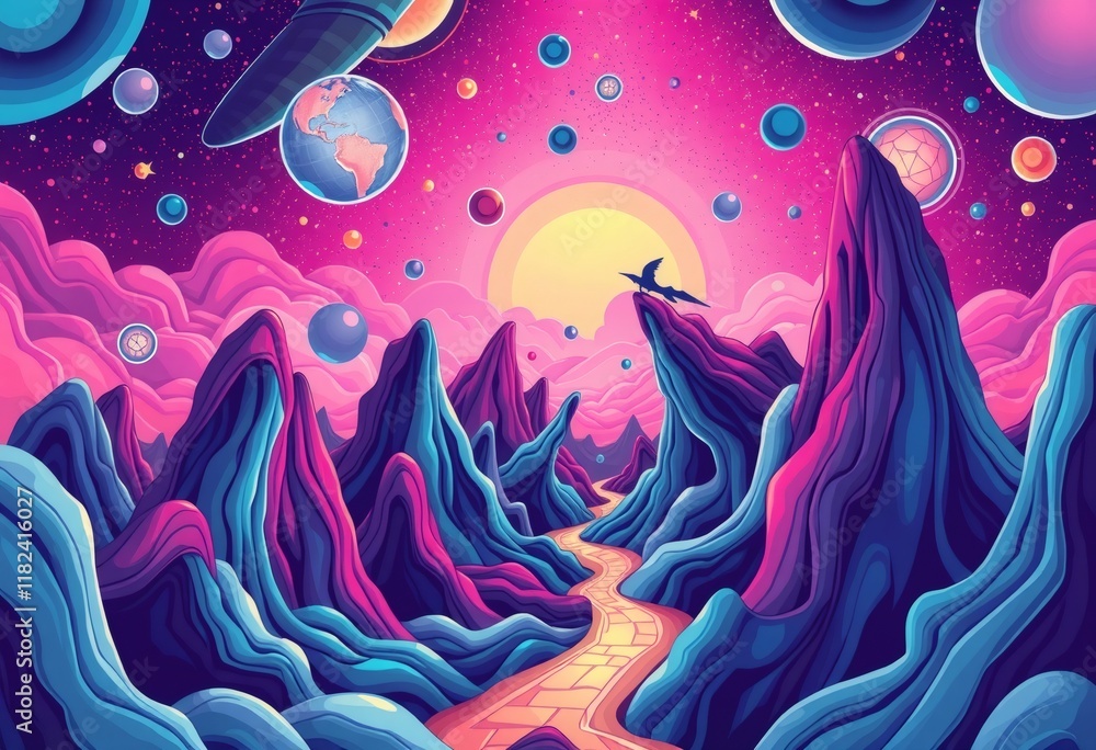 A surreal landscape with colorful mountains and floating planets in the sky. A surreal landscape with colorful mountains and floating planets in the sky.