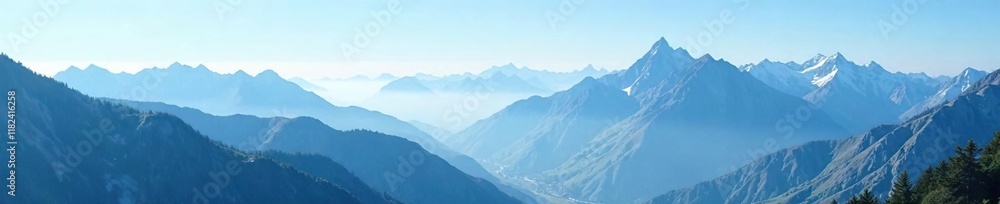 Serene mountain landscape with misty peaks and serene blue sky, landscape, mountainside Serene mountain landscape with misty peaks and serene blue sky, landscape, mountainside