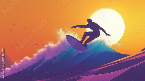 Silhouette of a surfer riding a wave at sunset. Vivid colors and dynamic composition. Ideal for travel, sports, and lifestyle applications.