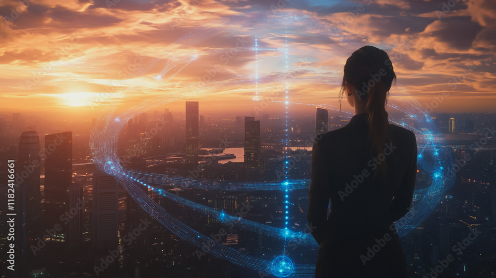 Abstract business woman stands on the peak of success amid tall, innovative Smart city and graphs with statistics to analyze business potential and predict future developments in company growth. Abstract business woman stands on the peak of success amid tall, innovative Smart city and graphs with statistics to analyze business potential and predict future developments in company growth.