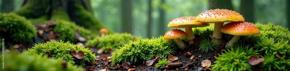 Obraz premium Forest floor covered with a thick layer of mushrooms, floor, wild plants, moss