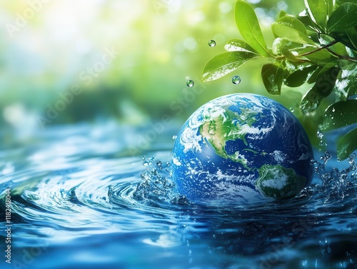 environmental conservation concept with blue planet earth surrounded by pure water droplets and green energy elements
